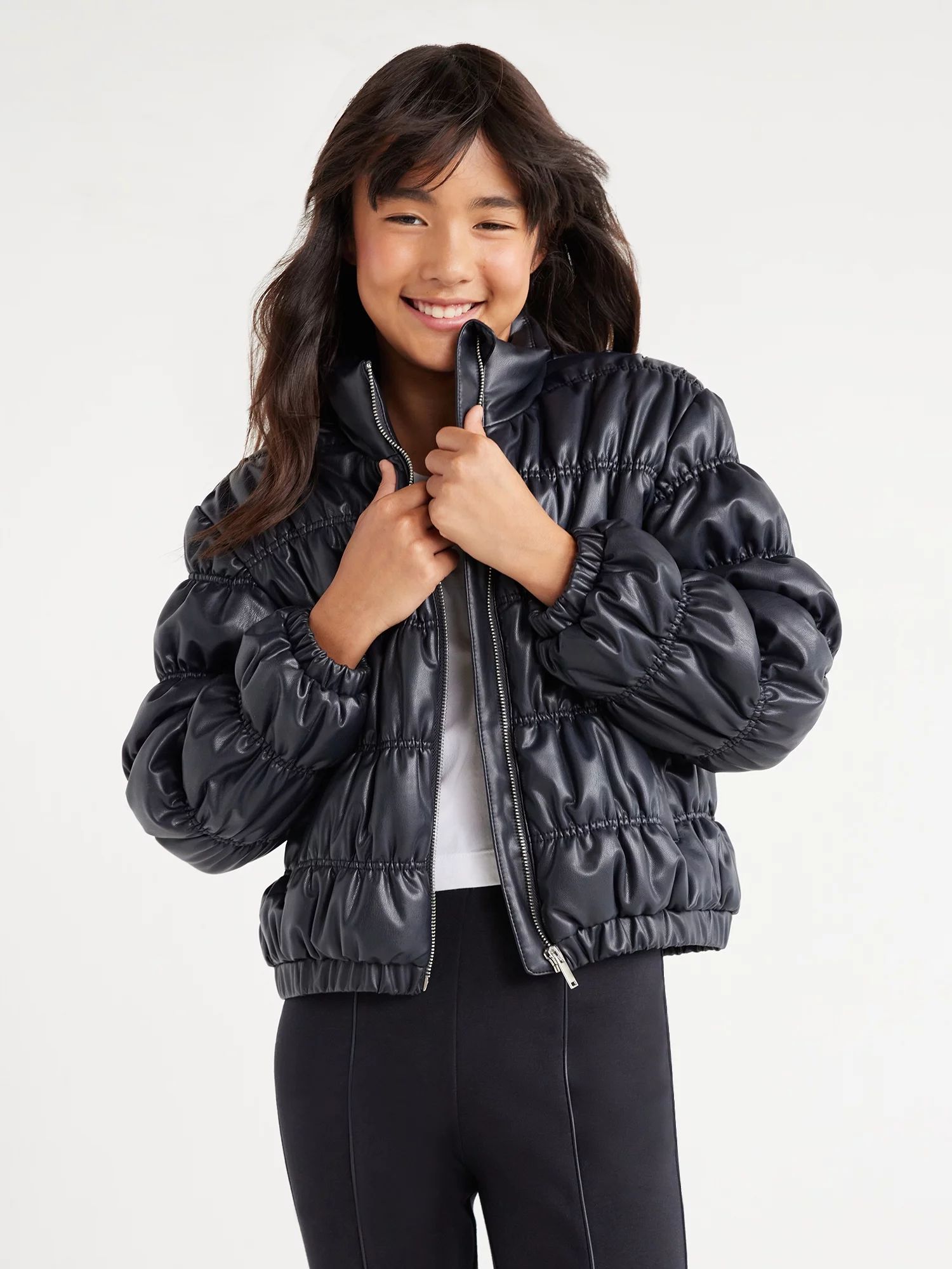 Scoop Girls Faux Leather Ruched Puffer Jacket, Sizes 4-18 - Walmart.com | Walmart (US)