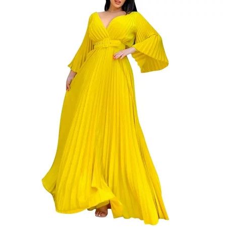 MSJUHEG Wedding Guest Dresses For Women Yellow Dress Womens Deep V Neck Plus Size Evening Dress Long Sleeves With Belt Women S Formal Dresses Yellow Xl | Walmart (US)