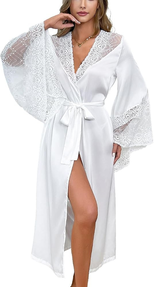 Women Elegant White Lace Kimono Robe Satin Summer Dressing Gown for Brides, Lounging, Sleepwear | Amazon (US)