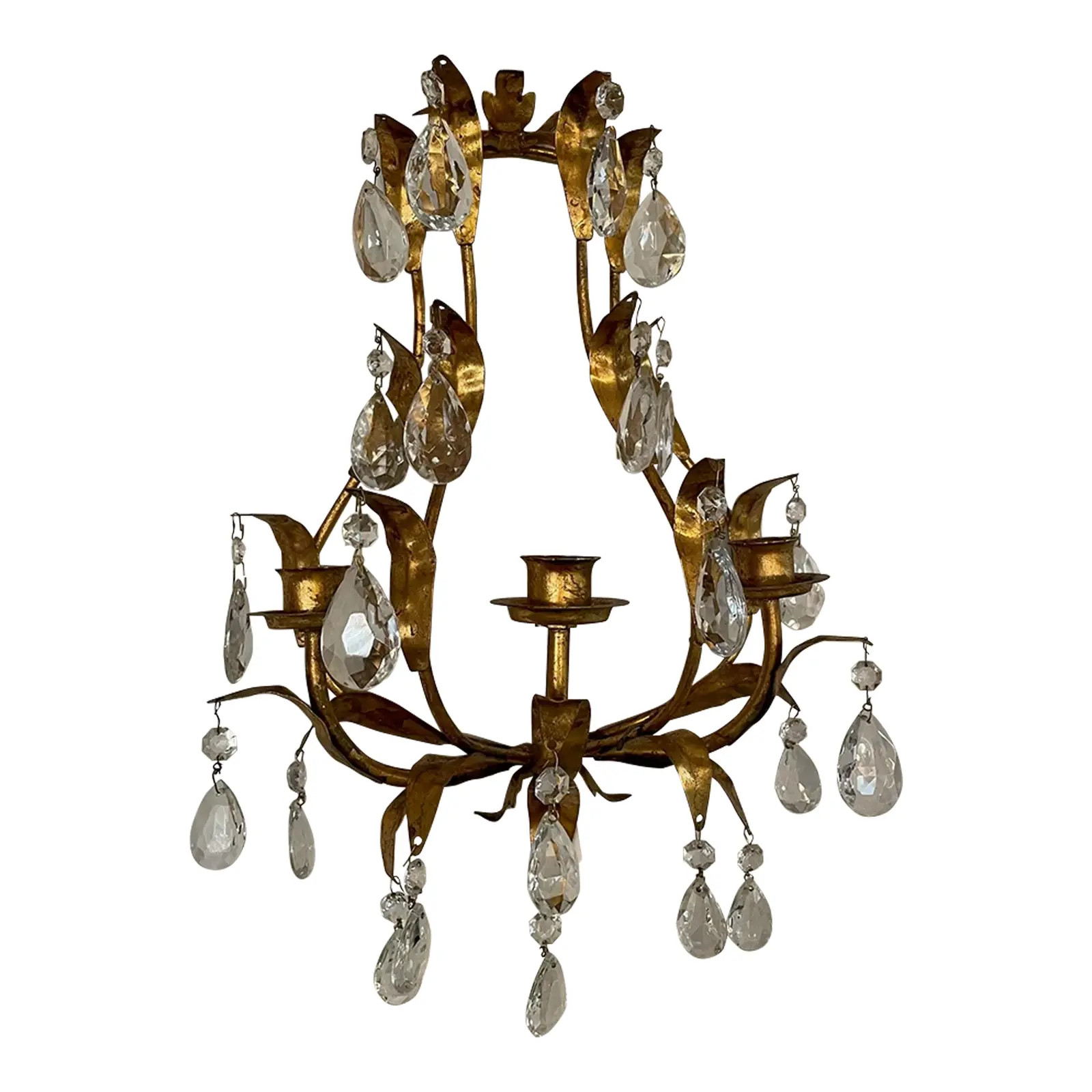 Mid 20th Century Italian Gilded Tole and Crystals Candle Sconce | Chairish
