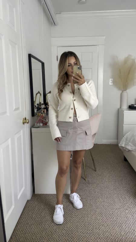 Abercrombie outfit on sale! 
This cardigan is the perfect transitional piece for fall and I’m loving this cargo skirt!

Cardigan- small
Cargo mini skirt- xs (size down)

Fall outfit, petite, white sneakers, Abercrombie, cargo

#LTKstyletip #LTKSeasonal #LTKSale