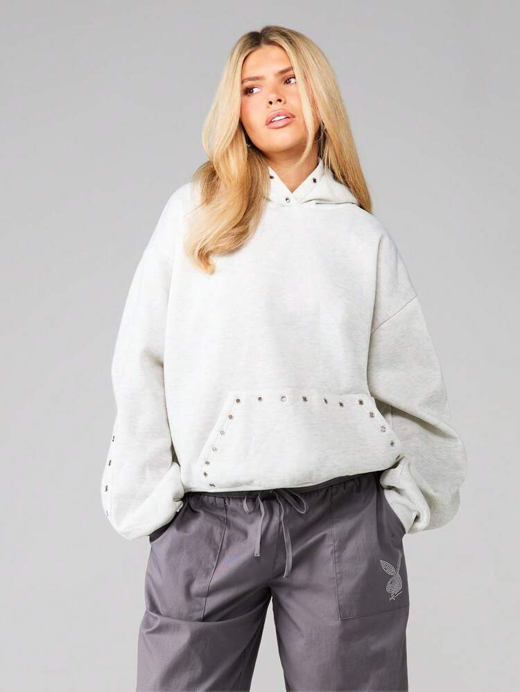 MISSGUIDED Women's Eyelet Detail Pullover Hoodie With Drawstring And Front Pocket For Casual Ever... | SHEIN