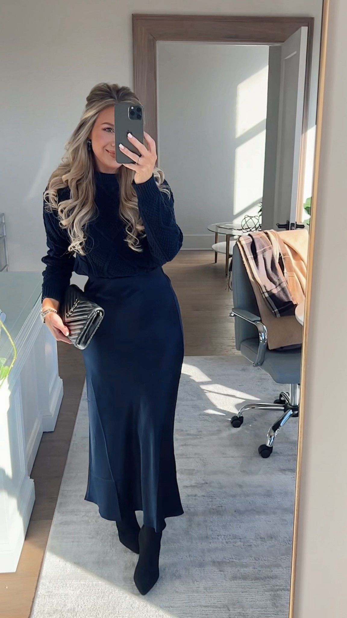 Love this elevated satin skirt outfit for the office or your holiday parties!! Paired with a matching navy cable knit sweater! Entire outfit is super affordable and timeless to keep in your closet forever. Wearing XS! 

#LTKWorkwear #LTKootd #LTKHoliday