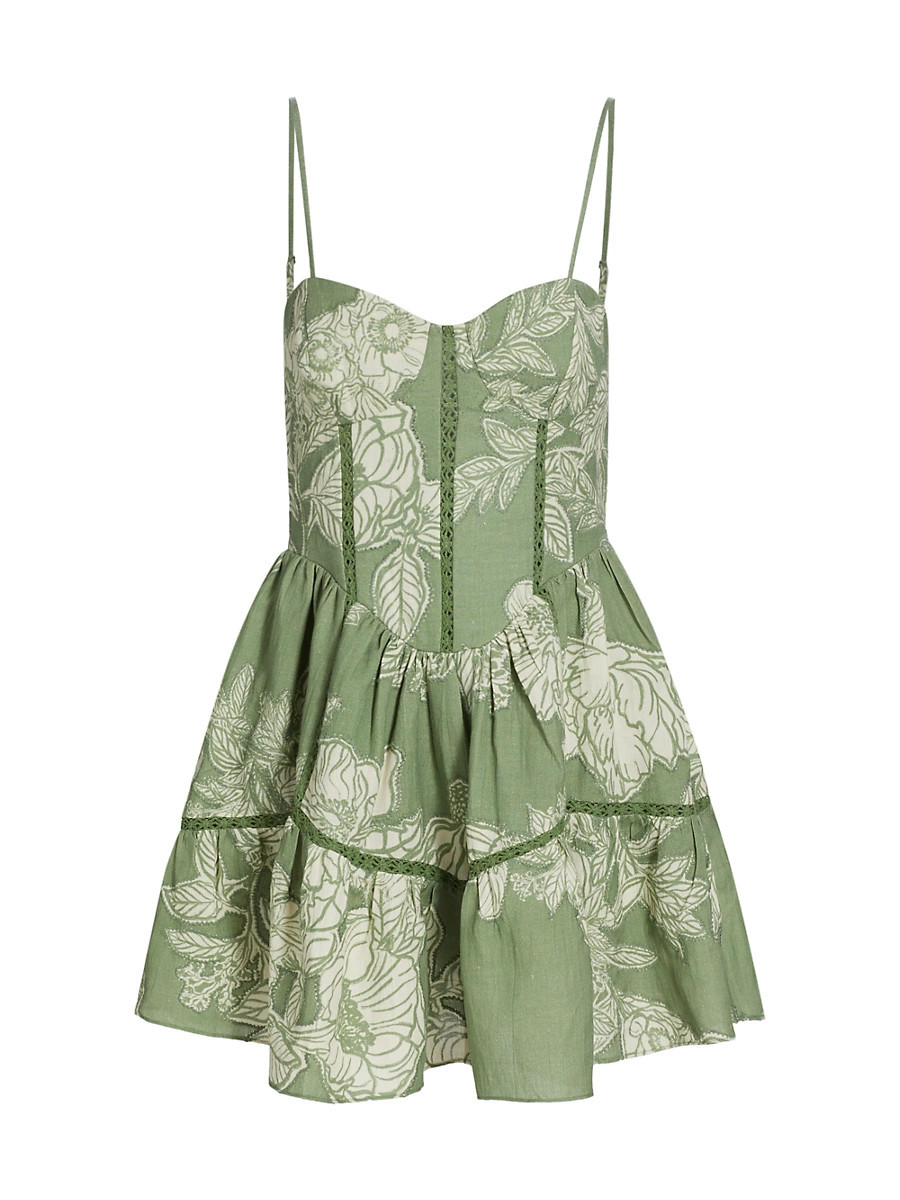 Women's Floral Cotton-Linen Sleeveless Minidress - Green - Size Large | Saks Fifth Avenue