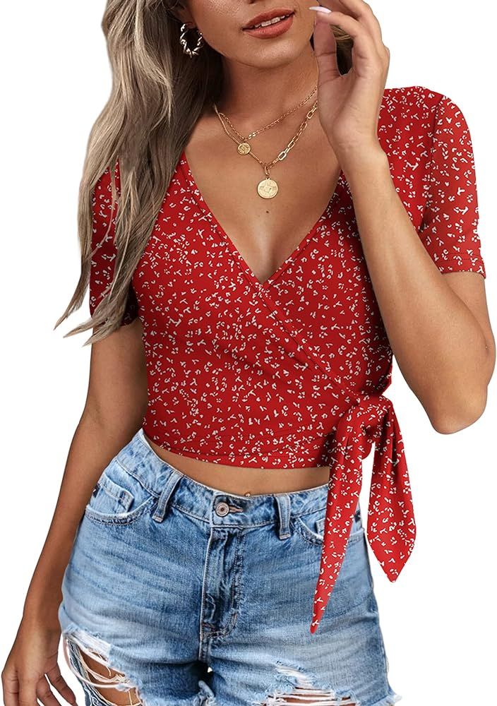 Crop Tops for Women Summer Cute Tops with Deep V Neck Shirts Sexy Unique Cross Wrap Slim Fit Tie ... | Amazon (US)