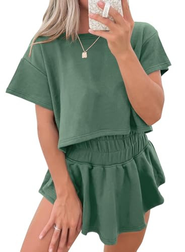 miduo Womens Casual 2026 Summer Two Piece Sets Mini Skort Sets Crewneck Short Sleeve Tee Tops Elastic Waist Skirts Sets Lounge Clothing Set Outfits Green S | Amazon (US)