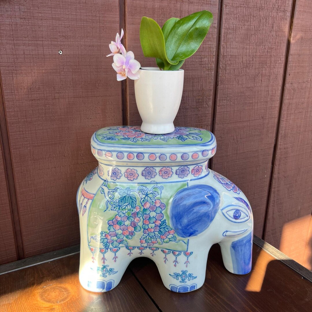 Vintage 80s Ceramic Elephant Plant Stand, Chinoiserie Pedestal, Oriental Garden Stool, Pastel Flo... | Etsy (US)