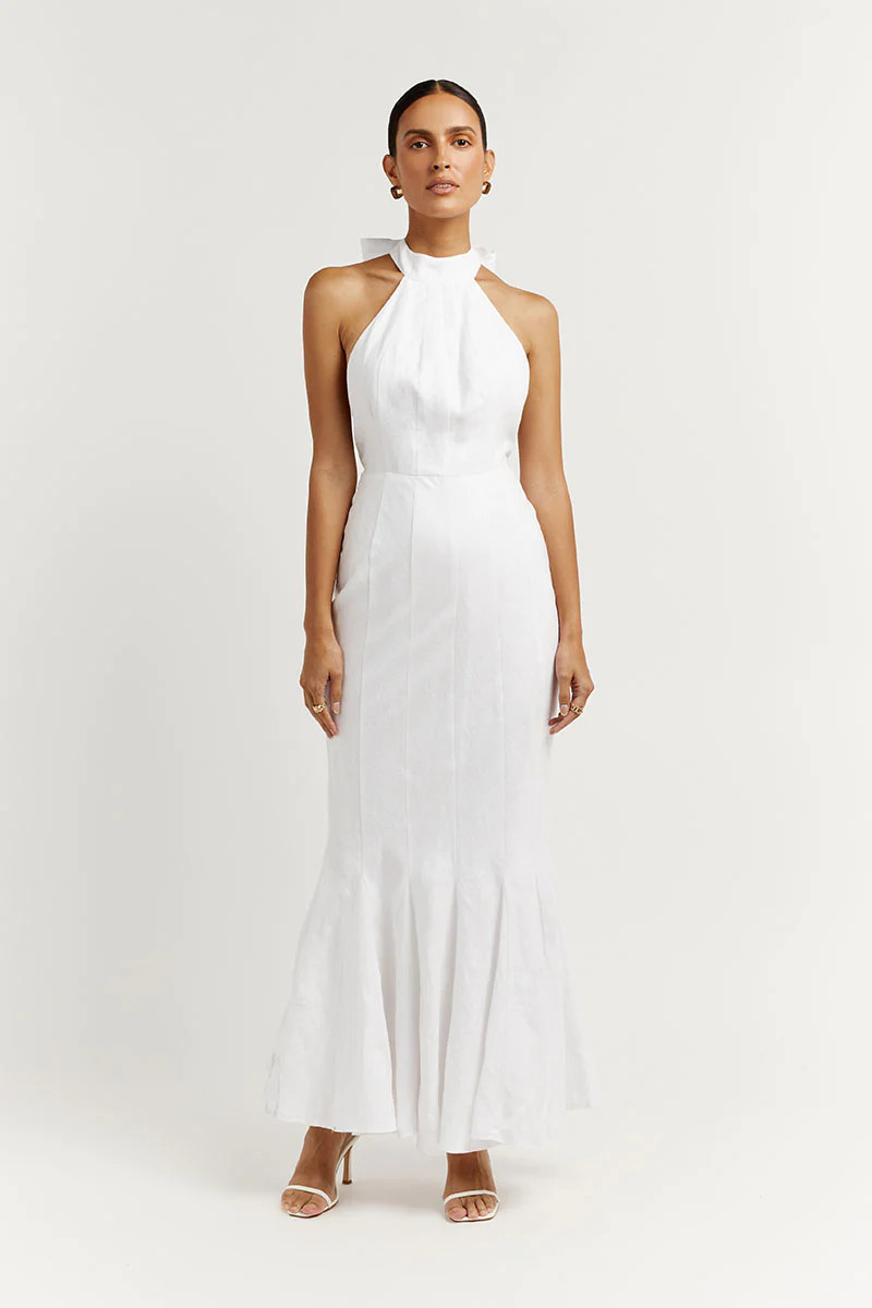 AISLE WHITE LINEN HIGH NECK DRESS | DISSH