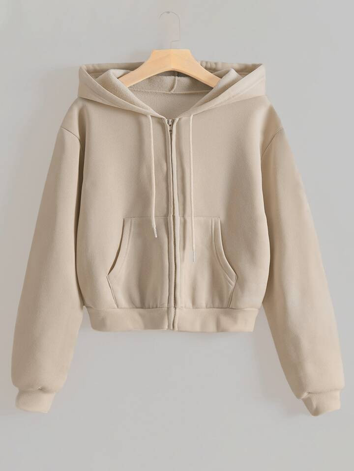 SHEIN EZwear Zip Up Drop Shoulder Drawstring Thermal Lined Crop Hoodie | SHEIN