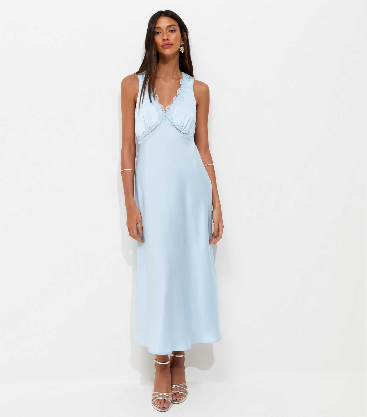 Blue Satin Lace Trimmed V-Neck Midi Dress | New Look | New Look (UK)