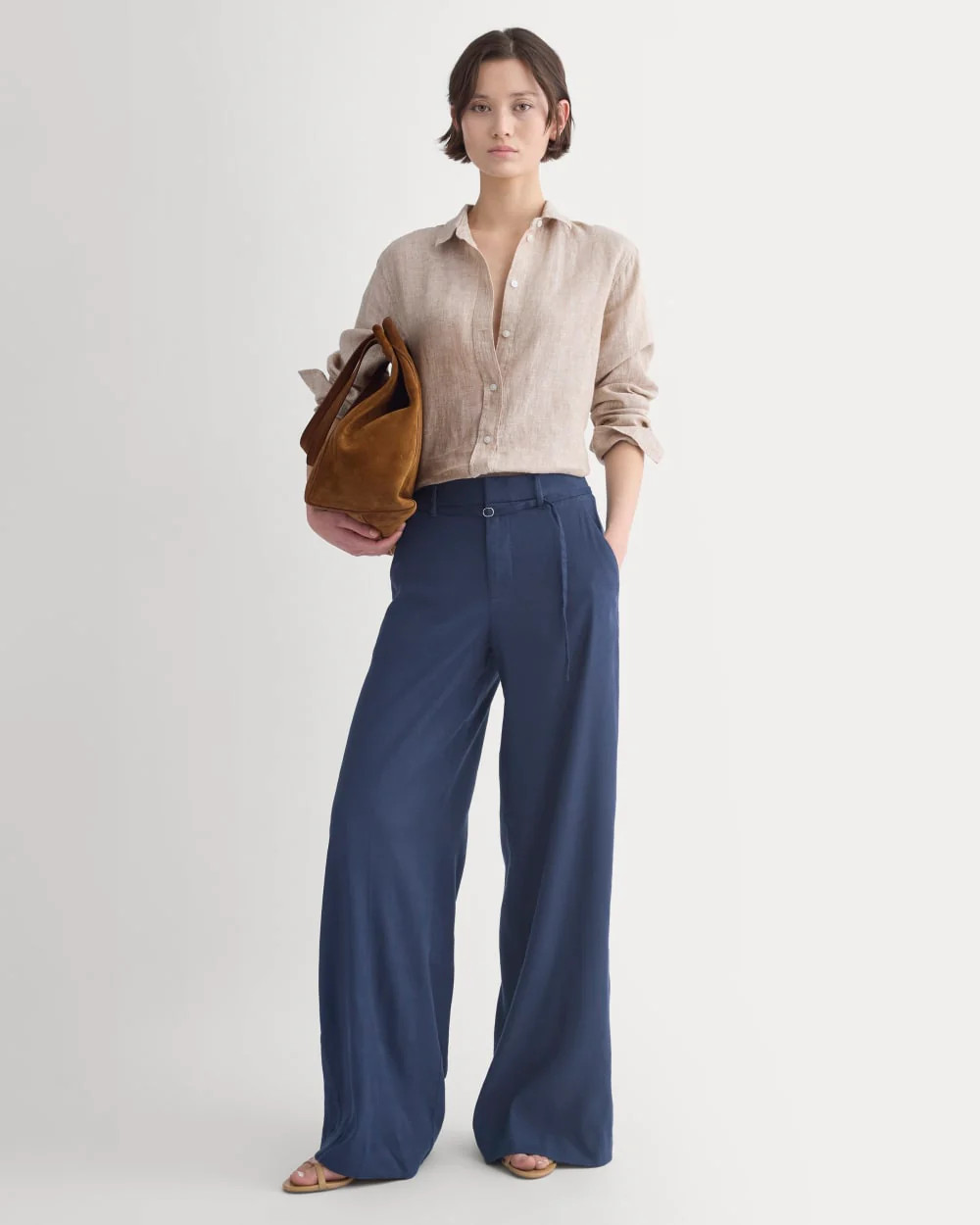 Wide-Leg Belted Pant in Stretch Linen | Navy | Long | Everlane