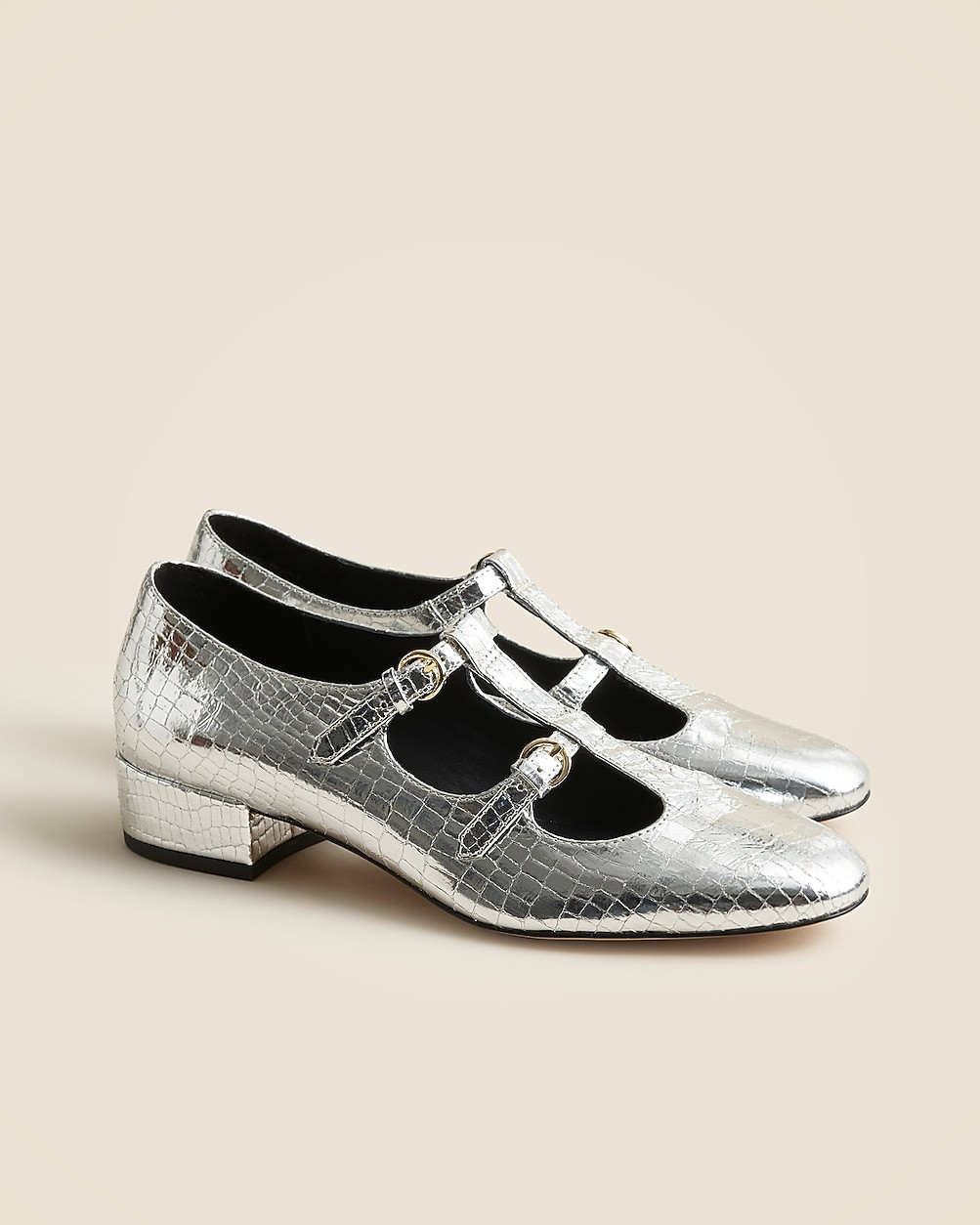 Teagan T-strap heels in metallic croc-embossed leather | J. Crew US