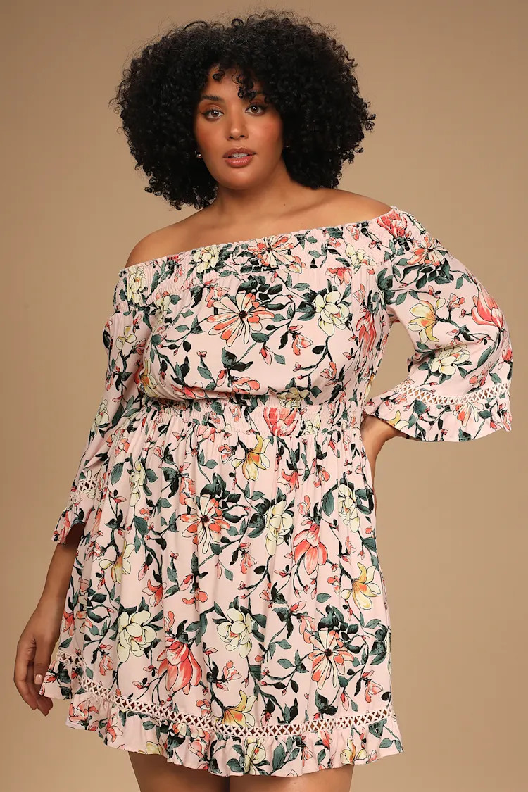 Hello, Darling Blush Pink Floral Print Off-the-Shoulder Dress | Lulus (US)