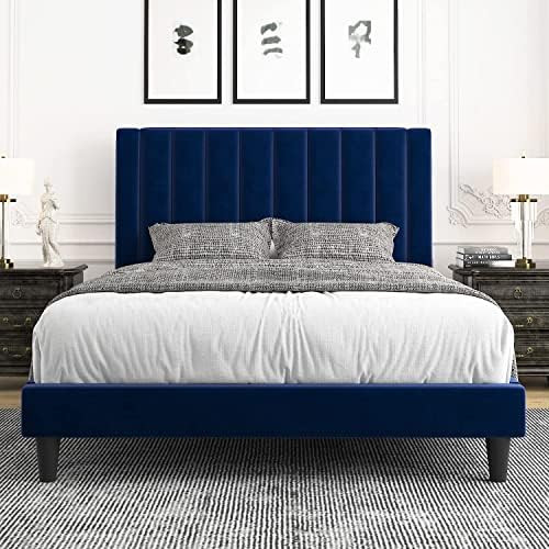 Allewie Queen Bed Frame/Velvet Upholstered Bed Frame with Vertical Channel Tufted Headboard/Stron... | Amazon (US)