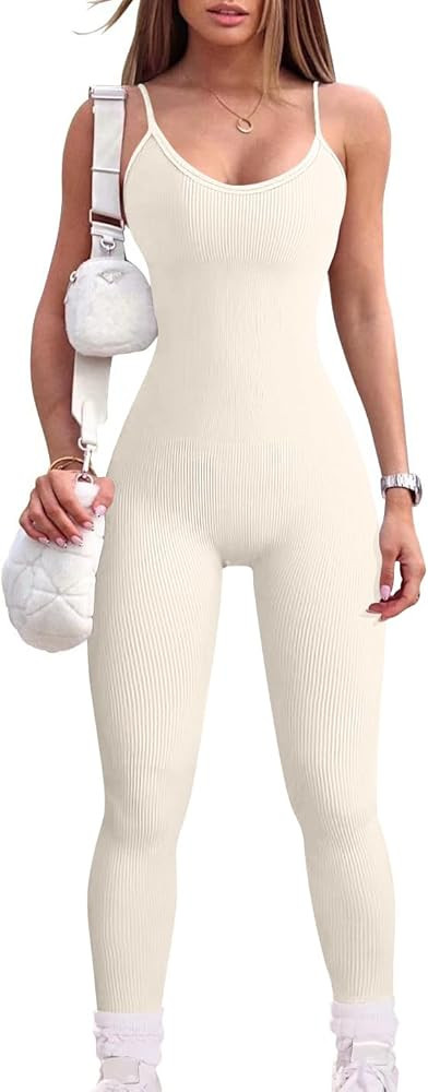OQQ Women's Yoga Jumpsuits Sexy Ribbed One Piece Spaghetti Straps Tummy Control JumpSuits | Amazon (US)