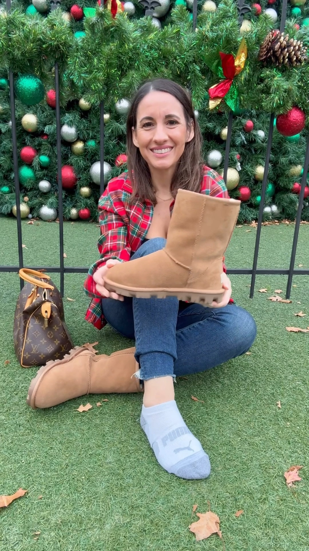 Boot season is one of my favorites times of the year. 
This pair of Uggs are some of my favorites. I love that they are a shorter version of the traditional Ugg boot. This height is great for all my 5 feet ish ladies. 
Plaid shirt, runs tts. 
Good American jeans. Run tts. Love them. 
Brown Louis Vuitton speedy bag. It’s a classic favorite of mine. 
Petite style 
Petite outfit 

#LTKOver40 #LTKFindsUnder100 #LTKPetite