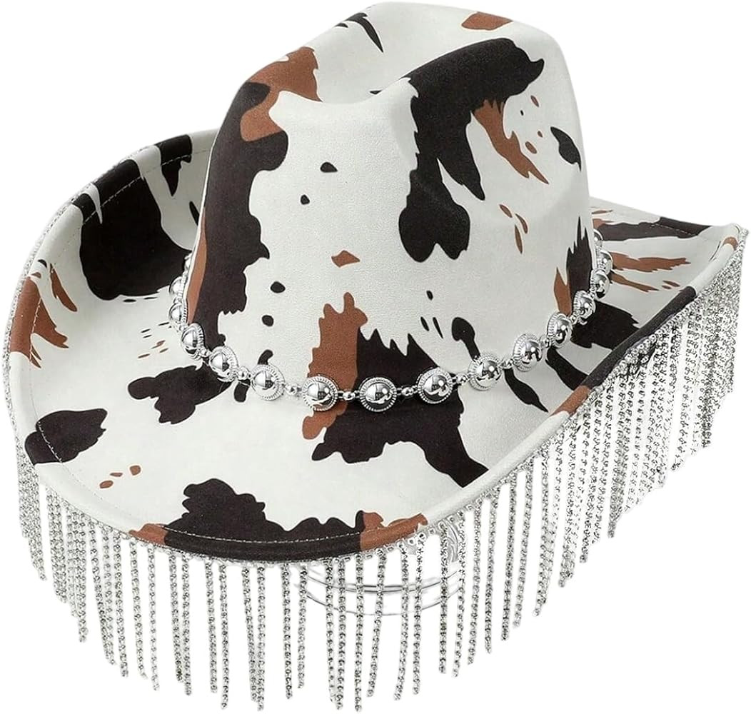 Verdusa Women's Western Tie Dye Rhinestone Fringe Cowboy Hat Beaded Belted Jazz Hat | Amazon (US)