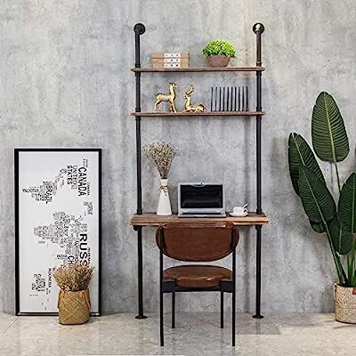 Industrial Style Laptop Desk Solid Wood Computer Desk Storage Table with Shelves Wall Shelf Books... | Amazon (US)