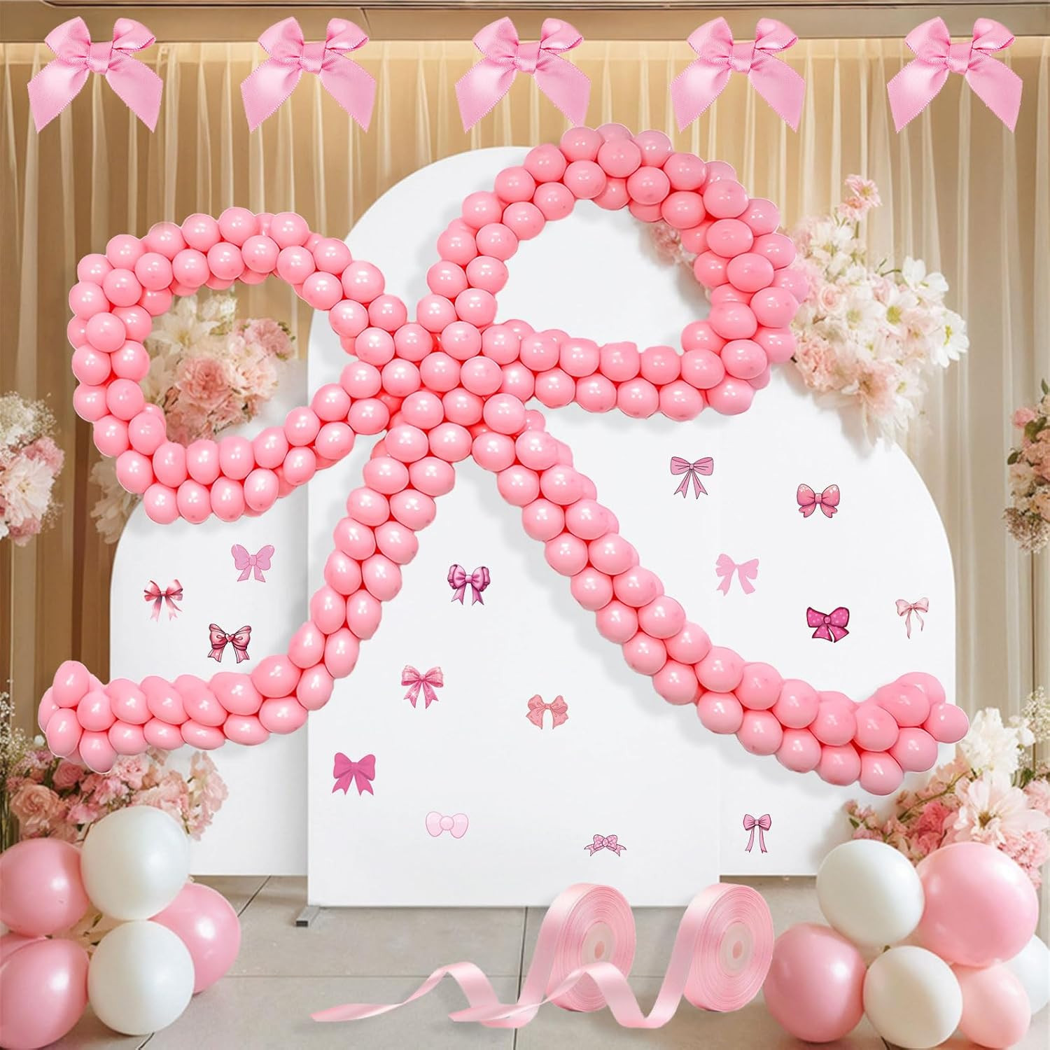 300 PCS Coquette Birthday Decorations, Large Pink Bow Balloon Arch Decor, 50 Yards Pink Satin Rib... | Amazon (US)