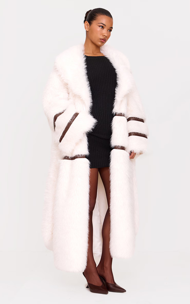 White Faux Fur Contrasting Faux Leather Trim Maxi Coat | PrettyLittleThing UK