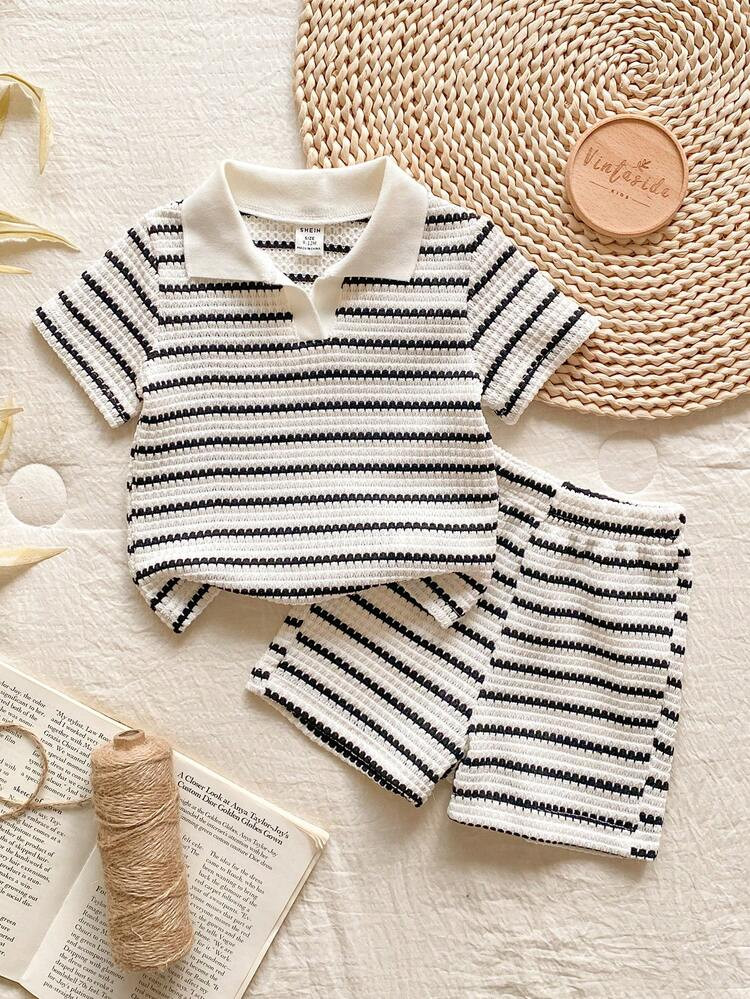 Vintaside Kids 2pcs Baby Boy Summer Fashion Striped V-Neck Short Sleeve Top And Matching Waistles... | SHEIN