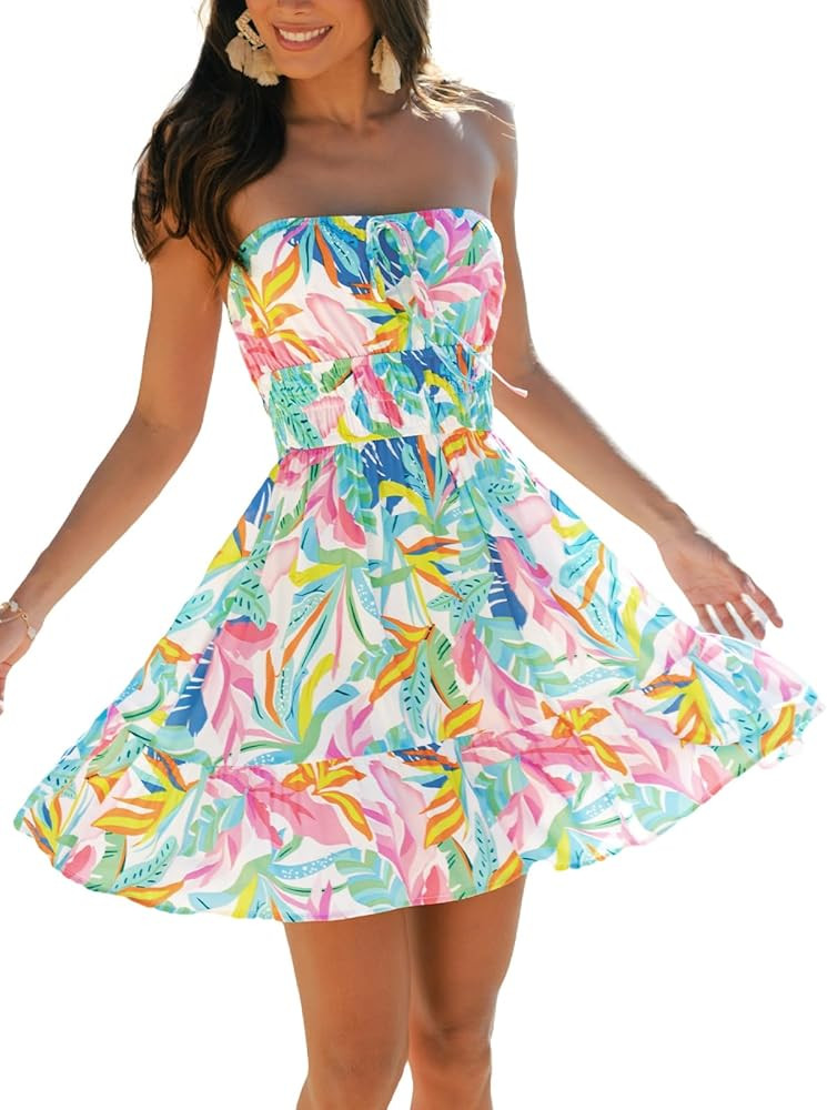 CUPSHE Women's Tropical Floral Tube Dress Strapless Beach Mini Sundress Smocked Waist Tie Front S... | Amazon (US)