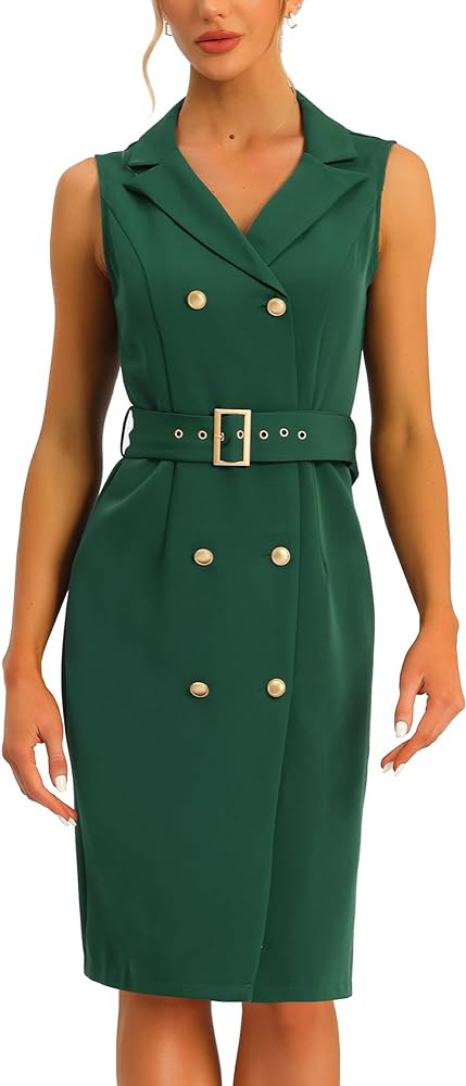 Allegra K Women's Sleeveless Notched Lapel Double Breasted Belted Work Office Blazer Dress | Amazon (US)