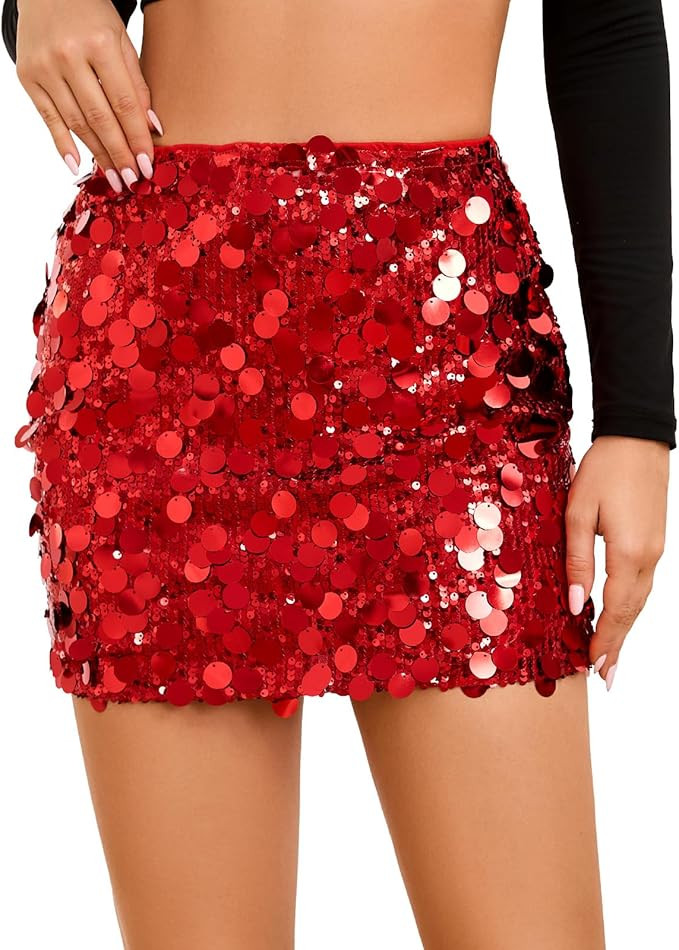 Sequin Skirt for Women Stretchy Bodycon Mini Skirts Sexy Sparkly Skirt Glitter Shiny Skirt Night ... | Amazon (US)