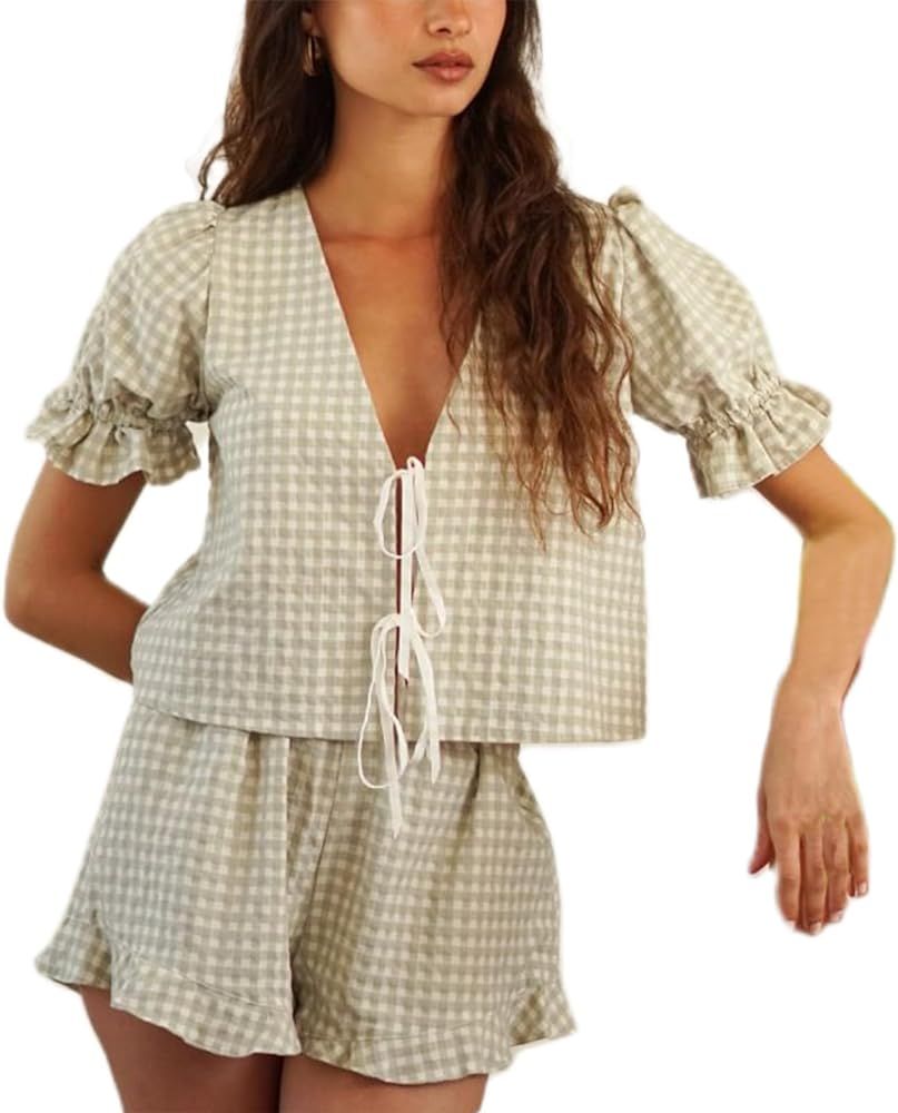 Plaid Shorts Pajama Set for Women Gingham Lounge Set Front Tie Puff Sleeve Babydoll Blouse Ruffle... | Amazon (US)