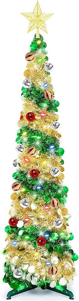 5 Ft Pop Up Tinsel Christmas Tree with Timer 60 Warm Multi Color Change Lights 25 Ball Ornaments ... | Amazon (US)