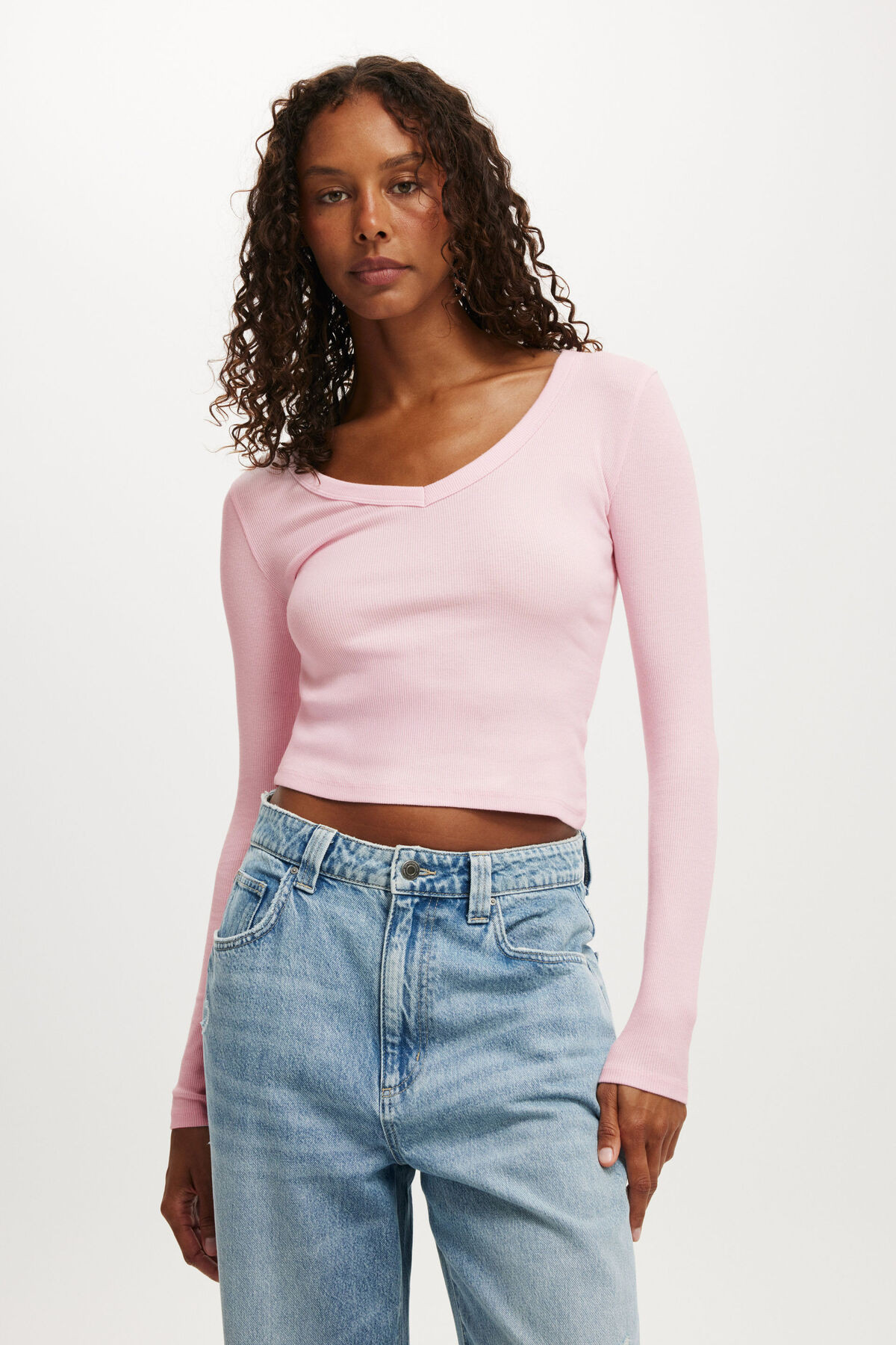 Goldie Rib V Neck Long Sleeve | Cotton On (US)