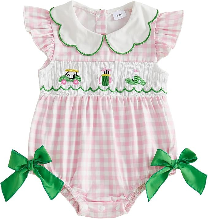 Baby Girl Clothes Golf Cart Flagstick Embroidery Plaid Ruffle Sleeveless Romper Jumpsuit Smocked ... | Amazon (US)