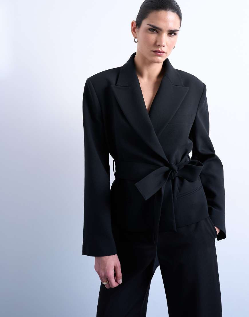 Topshop cropped belted boxy blazer in black | ASOS (Global)