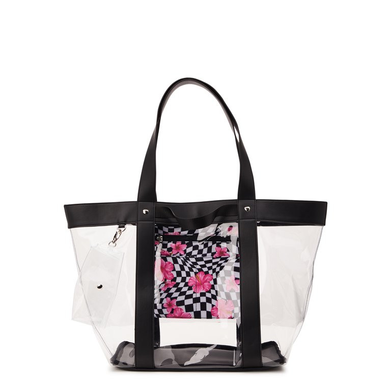 No Boundaries Women's Vinyl Beach Tote with Removable Glasses Case, Black | Walmart (US)