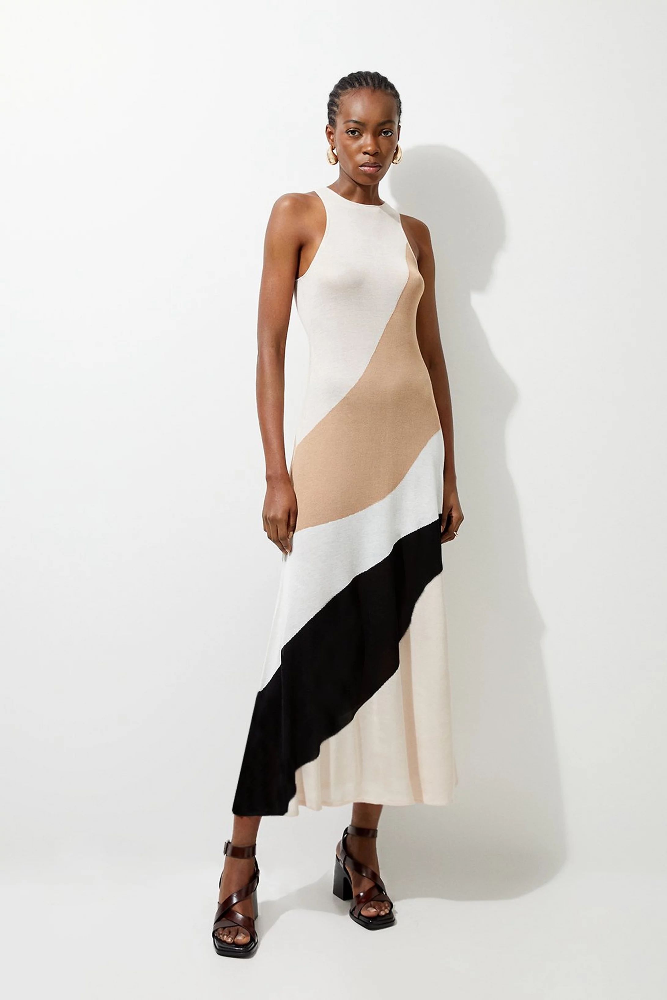 Viscose Knit Colour Block Summer Maxi Dress | Karen Millen UK + IE + DE + NL