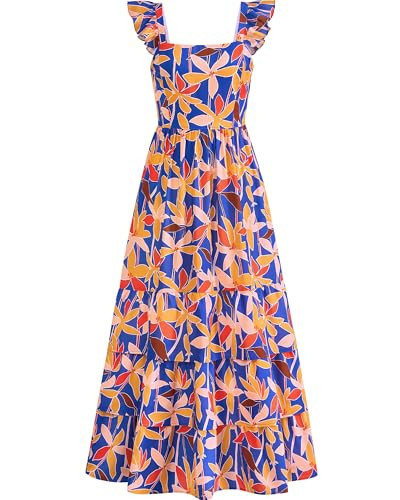 dowerme Summer Dresses for Women 2026 Casual Ruffle Smocked Tiered A-Line Boho Floral Maxi Beach Sun Dress with Pockets(Blue Orange Flower,Medium) | Amazon (US)