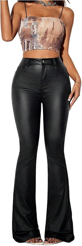 Floerns Women's Faux Leather Flare Leggings High Waisted Party Bell Bottom Pants Clubwear | Amazon (US)