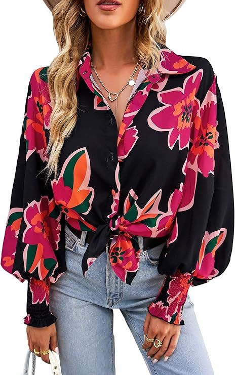 ANRABESS Women’s Floral Print Puff Long Sleeve Boho Shirt Button Down Collar Casual Loose Relax... | Amazon (US)