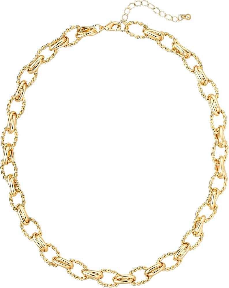 Gold Link Necklace for Women, Twisted Rope Oval Chain Necklace | Amazon (US)