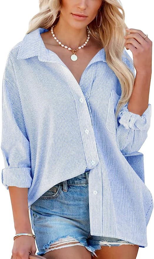 Flowyair Women's Long Sleeve Button Down Shirts Casual Oversized V Neck Blouse Loose Fit Striped ... | Amazon (US)