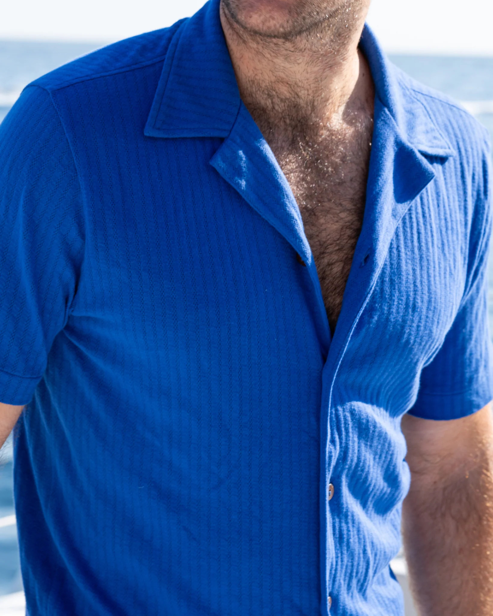 Men's 100% Pima Cotton Camp Collar Blue Short Sleeve Shirt - The Napoli Knit | Kenny Flowers