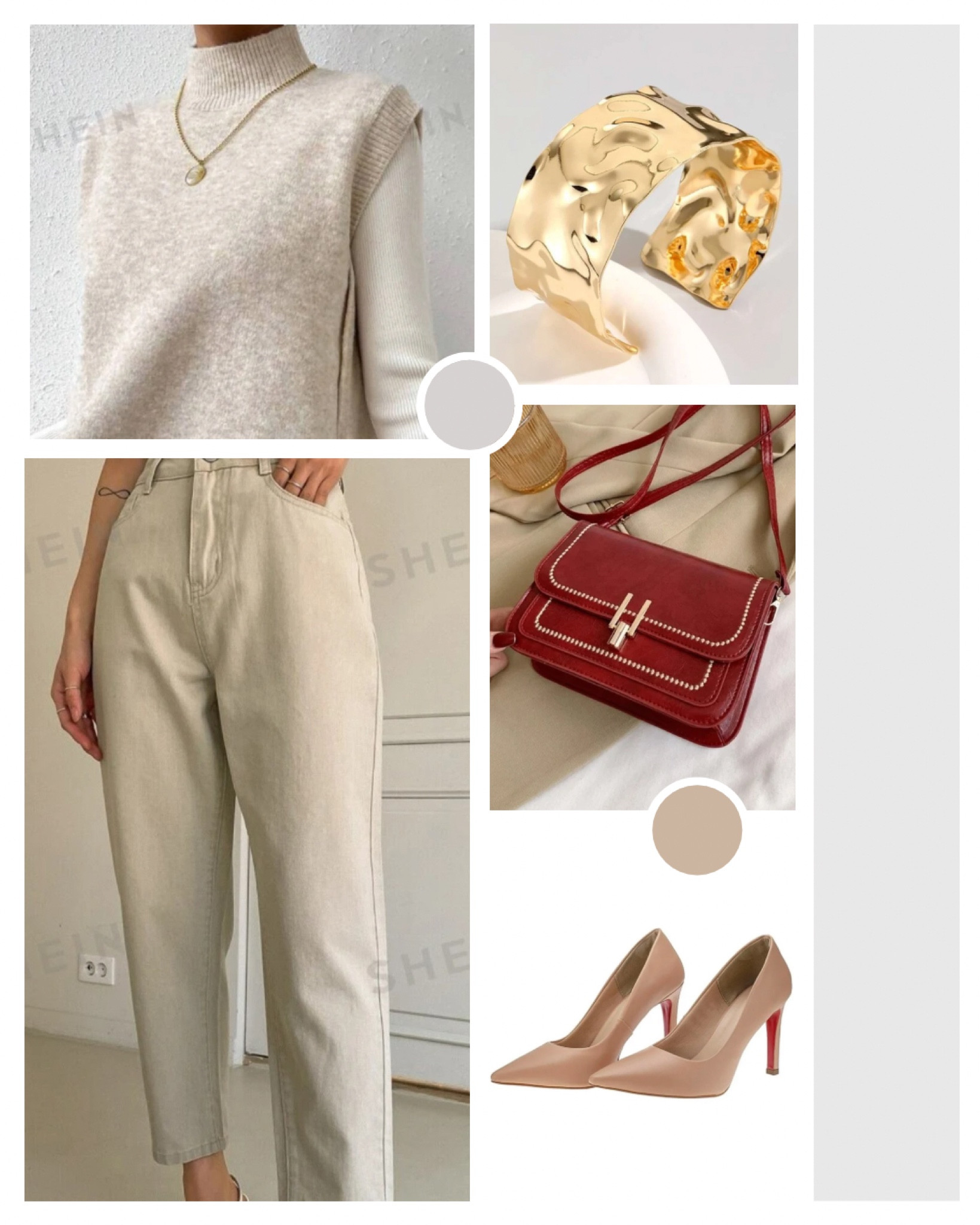 Um look total nude com destaque para a bolsa vermelha! O scarpin e os acessórios dourados complementam trazendo elegância! 

#LTKdicadeestilo #LTKlookdetrabalho