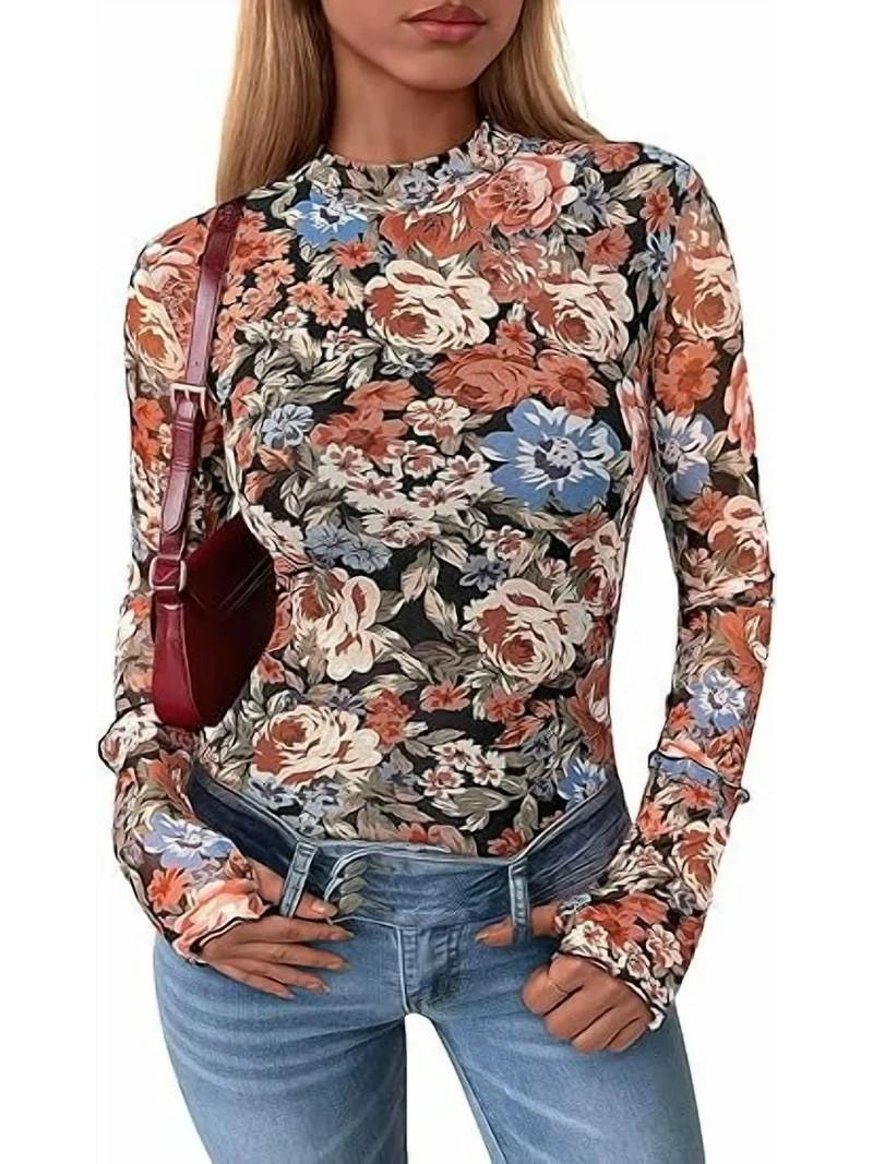 PRETTYGARDEN Womens Long Sleeve Going Out Tops Fall Mesh Floral Blouses Slim Fitted Shirts Date N... | Walmart (US)