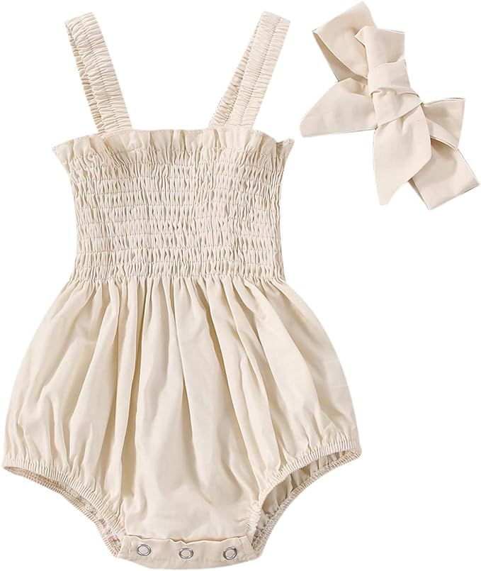 Newborn Baby Girl Bodysuit Sleeveless Halter Frill Romper One-piece Jumpsuit with Headband Summer... | Amazon (US)