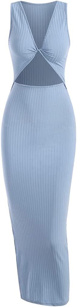 ZAFUL Women's Solid Spaghetti Strap Thigh Split Slinky Maxi Dress | Amazon (US)