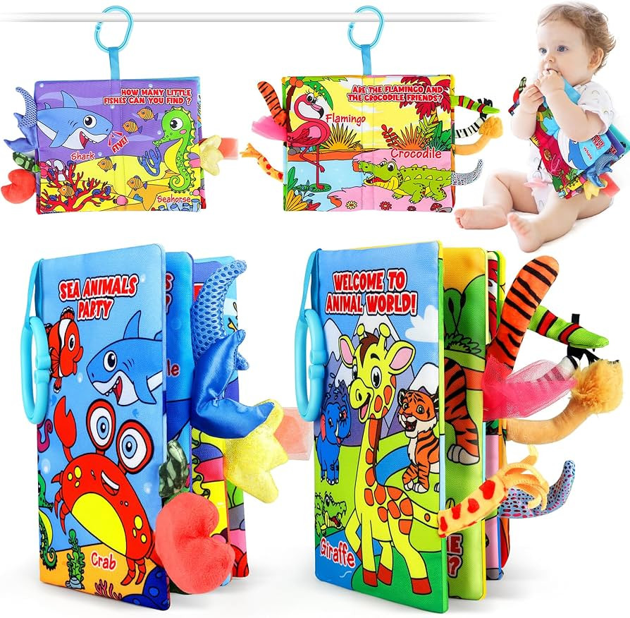 Soft Baby Books for 0-18 Months, 2PCS Crinkle Cloth Books - Forest and Ocean Themes, Tummy Time T... | Amazon (US)