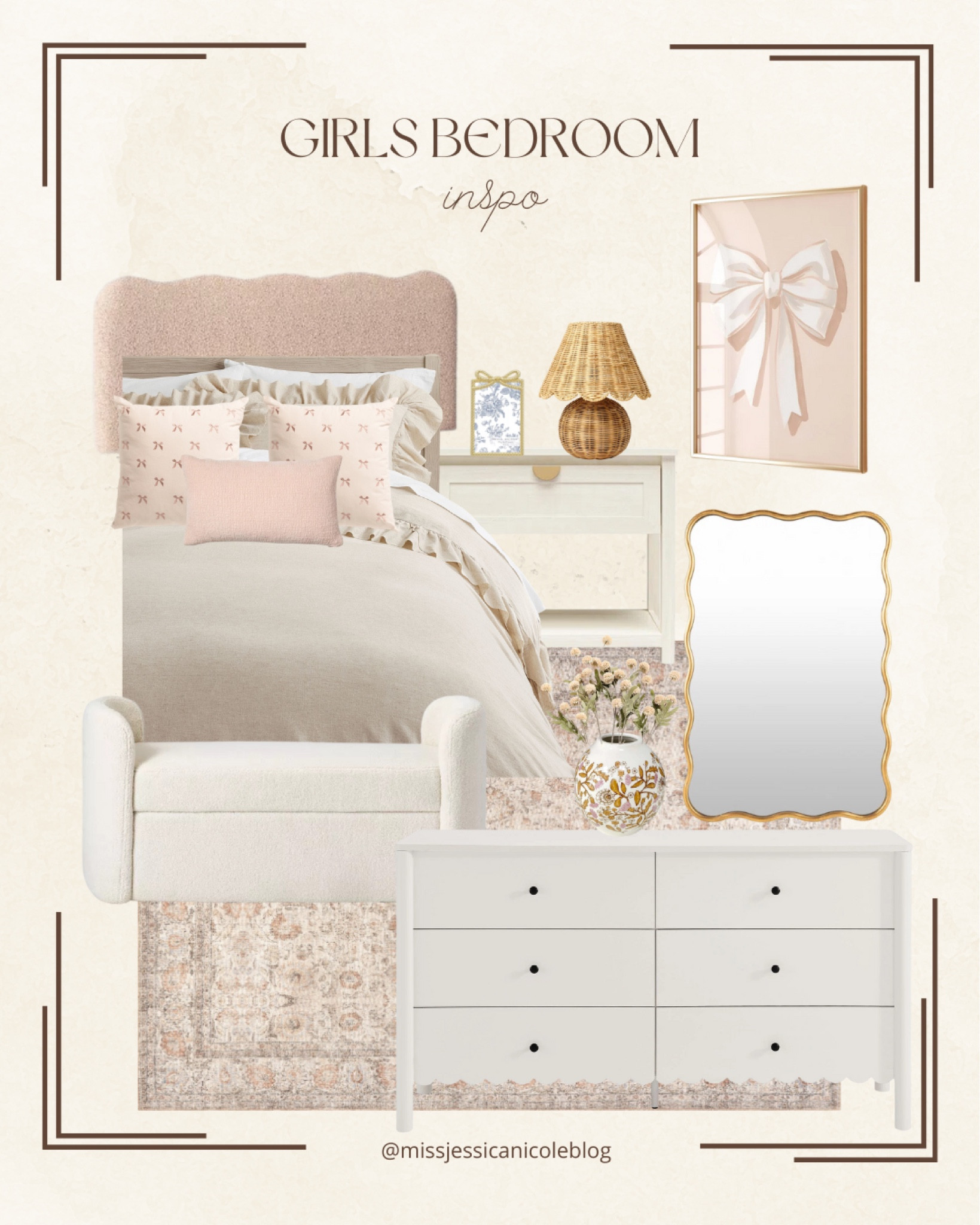Girls bedroom decor, scalloped furniture, pink headboard, bow throw pillows, bow wall art, wavy gold mirror 

#LTKHome