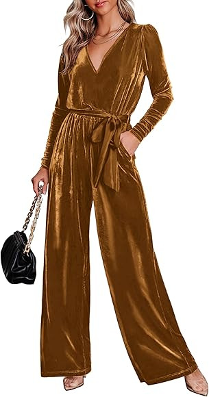 MASCOMODA 2023 Velvet Long Sleeve Wide Leg Jumpsuits for Women Dressy V Neck Belted Romper One Pi... | Amazon (US)
