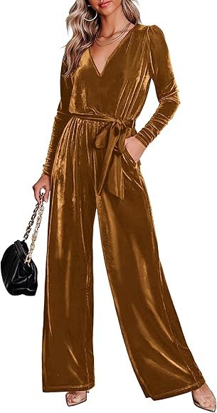 MASCOMODA 2023 Velvet Long Sleeve Wide Leg Jumpsuits for Women Dressy V Neck Belted Romper One Pi... | Amazon (US)