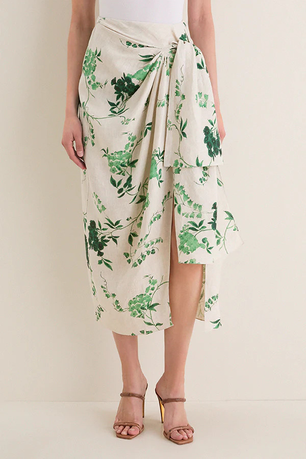 French Chintz Bottle Green Floral Print Linen Drape Midi Skirt | Tuckernuck (US)